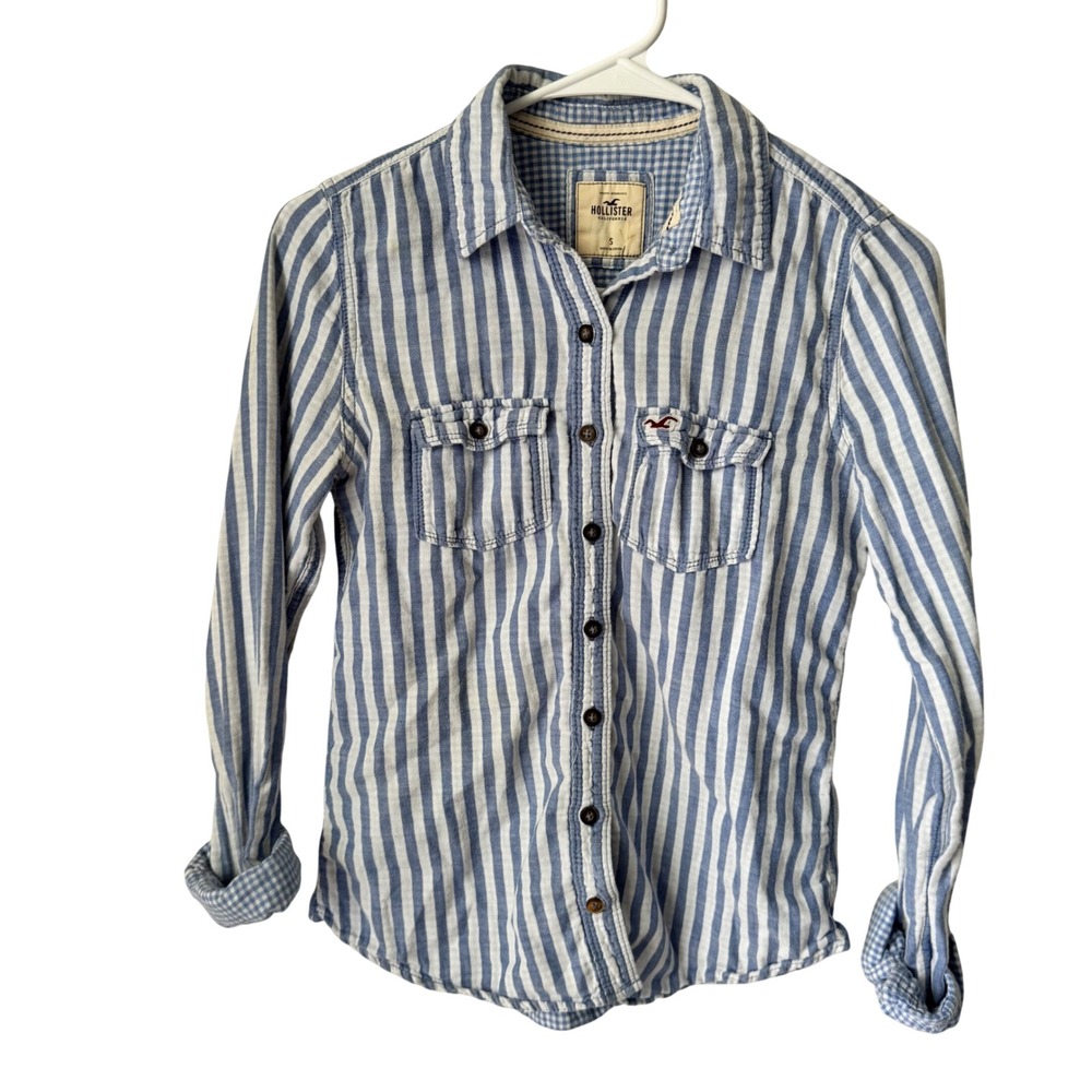 Hollister Kids Blue White Striped Button Down Shirt Long Sleeve Small Seagull